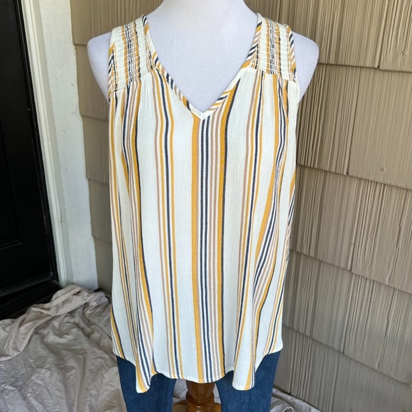 NWT Lovestitch vneck tank w/navy, tan & mustard vertical stripes - Picture 1 of 2